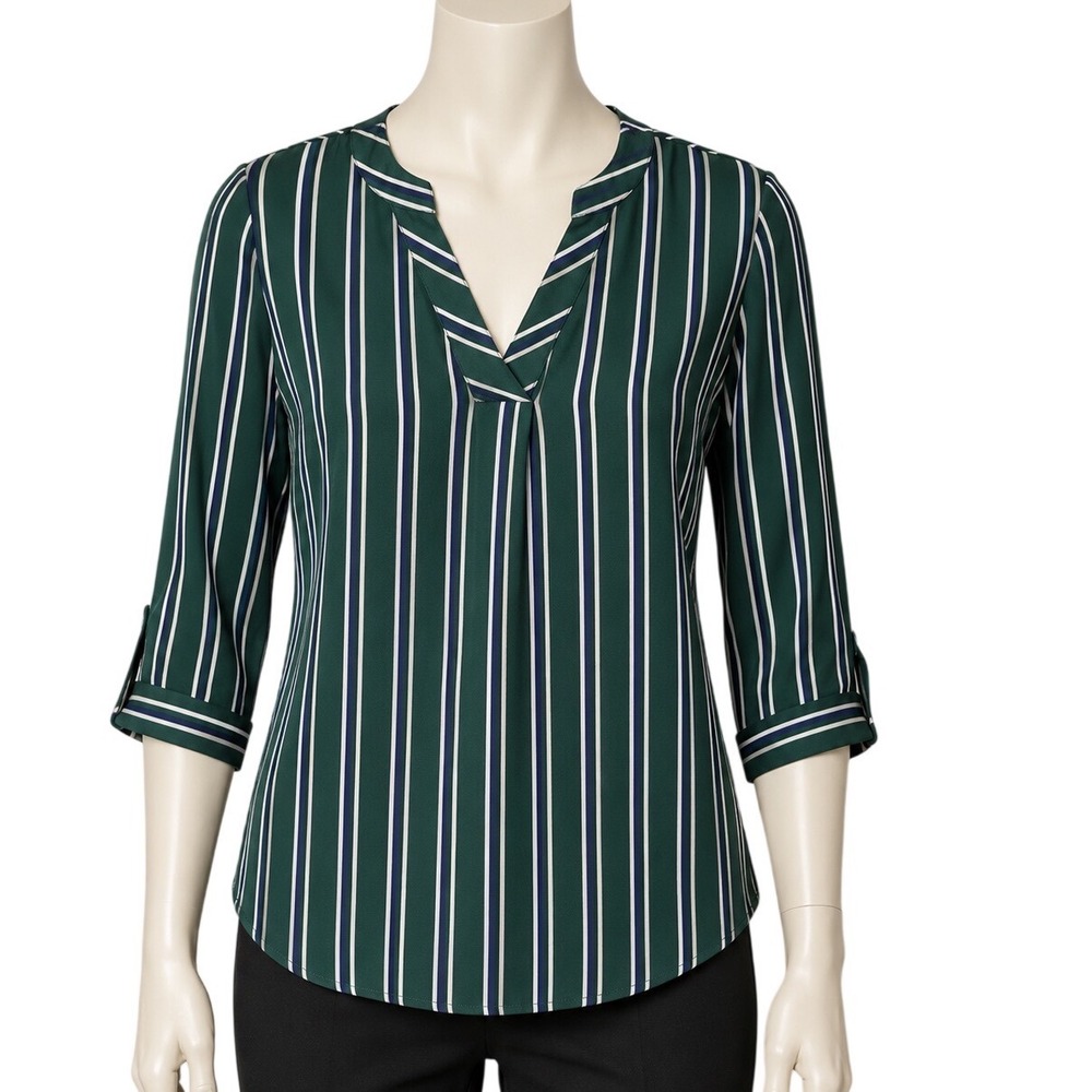 Forever 21 Womens Green‎ Striped V-Neck Blouse Long Sleeve Pleated Top Size L